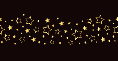 Gold flying stars, trendy seamless pattern. Festive decor, gold sparkles confetti on a black background. for print, postcard, paper, banner. vector illustration.