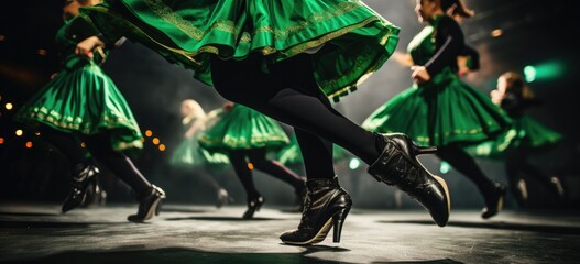 Close-up of a traditional Irish dance performance, vibrant costumes, and energetic movements....