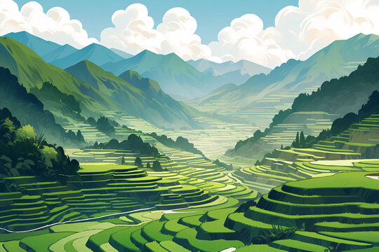 Illustrations of beautiful scenery of rural terraced fields in spring, illustrations of busy farming scenes in rural fields during the Beginning of Spring Festival