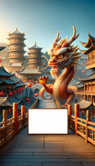 Fototapeta premium Chinese new year dragon in cartoon style with blank frame.