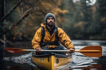 Man in a yellow jacket kayaking on a tranquil river, surrounded by autumn foliage.
