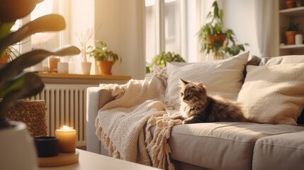 Adorable red cat lying on sofa in cozy living room, scandinavian home interior design.