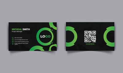 modern eco friendly business card design template with green and black combination, qr code adjustable