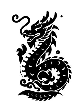 Traditional Chinese Dragon. Set of Chinese character translate dragon, vector illustration. Hand made. Drawing made with a brush strokes. Tattoo design. New Year 2024 year of the dragon zodiac.