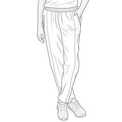 Sport outfit. An illustration of a person wearing tracksuit bottoms and sneakers. Casual look. Sweatpants. Track pants. Gym shoes. Hand in the pocket. Clothes, fashion. Apparel. Jogging trousers. Arm