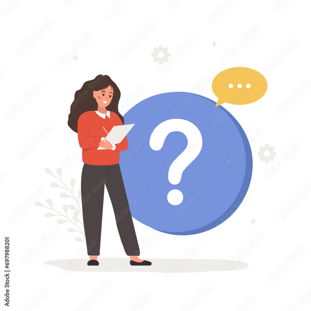 Aufkleber faq concept. woman with question mark search for answers. customer support and online help service. 