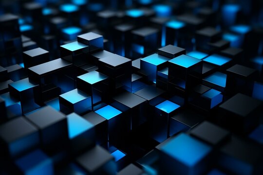 Abstract background with black and vibrant blue 3D boxes. Generative AI