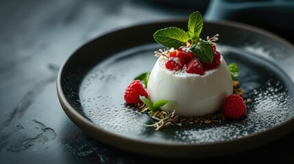 Elegant panna cotta dessert with fresh raspberries and mint on a dark plate, gourmet presentation...