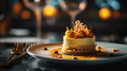 Gourmet dessert on plate with elegant presentation, bokeh background.