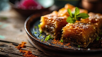 Traditional baklava on a plate with mint garnish, served on a rustic wooden table.