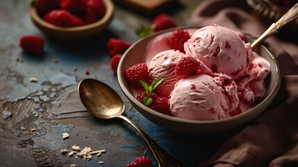 Bowl of raspberry ice cream with fresh berries on a rustic table with a spoon.