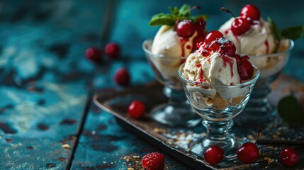 Vanilla ice cream with cherries and syrup in glass bowls on a rustic blue background.