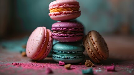Colorful macarons stacked with crumbs on a textured background.