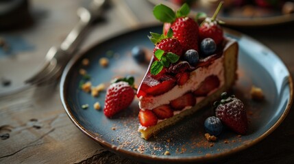 Slice of strawberry cake on a plate with fresh strawberries and cream, elegant dessert presentation.