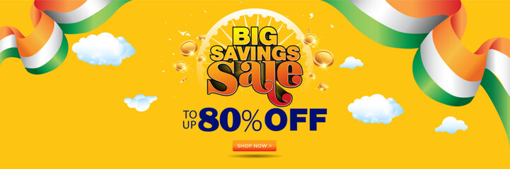 Editable banner poster design for India Republic day Big savings sale. Shopping concept upto 80% off and tricolor background.