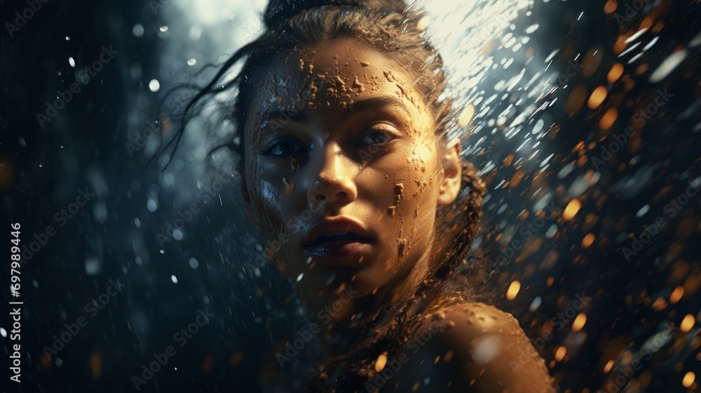 Poster Unique textures and layers blending seamlessly into an woman's face.. Generative  AI 