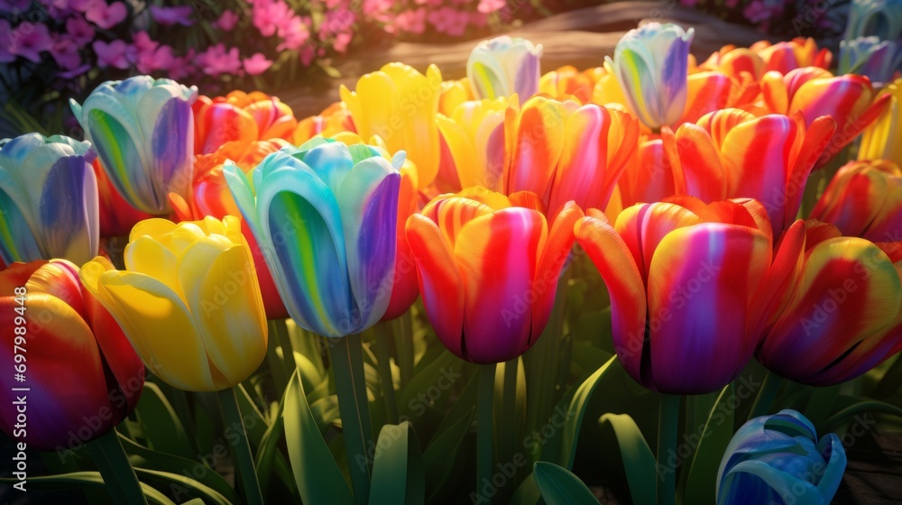 Poster Tulip flowerbed artfully designed to resemble a rainbow, a burst of vivid hues.. Generative  AI 