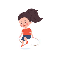 Happy cute child girl jumping rope flat style, vector illustration