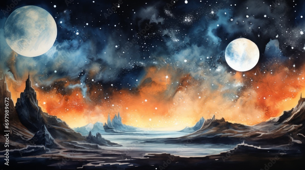 Poster surreal celestial landscapes in outer space. aquarelle. generative ai