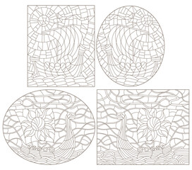 A set of contour illustrations in the style of stained glass with ancient Viking ships, dark contours on a white background