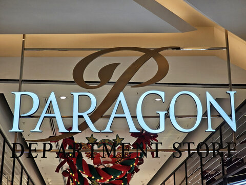 BANGKOK, THAILAND - DECEMBER 21, 2023: Paragon sign. Siam Paragon is a famous department store in Bangkok. It is a One of the biggest shopping centres in Asia, it opened on December 9, 2005.