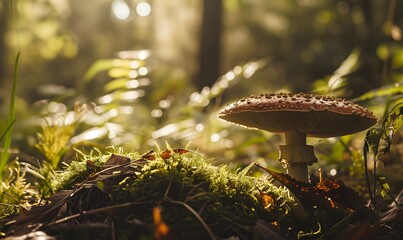  mushroom growing in forest cottage core , Generative AI - obrazy, fototapety, plakaty
