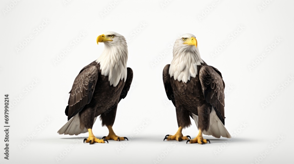 Poster majestic bald eagles in regal stances.. generative ai