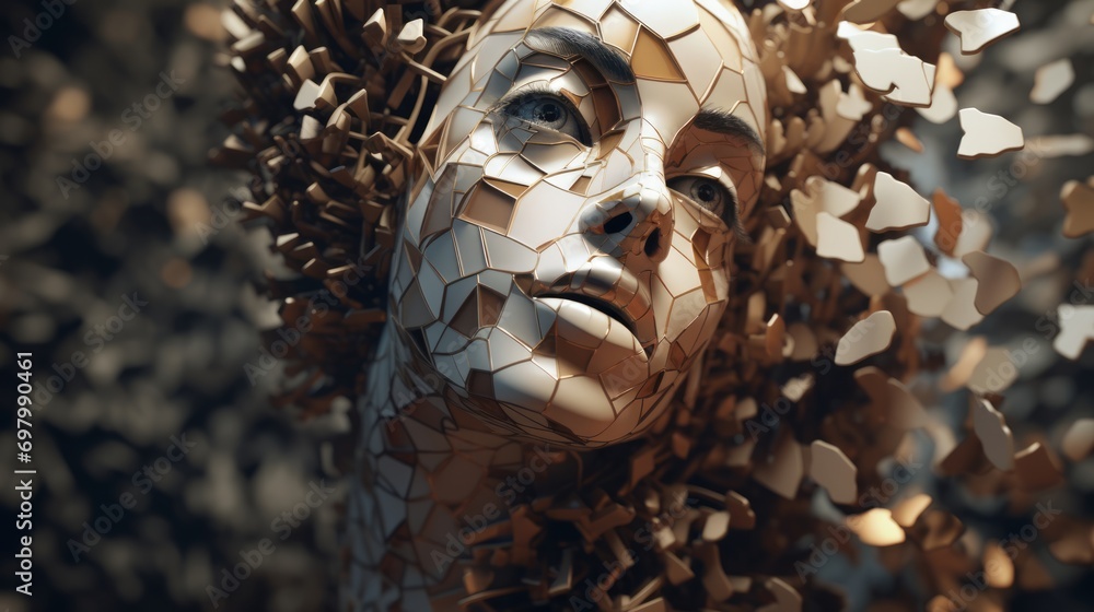 Poster fragmented and distorted shapes creating a unique and abstract visual tapestry. in the form of a fac