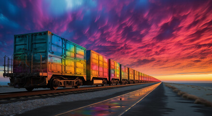 the freight train goes off into the distance in a beautiful sunset