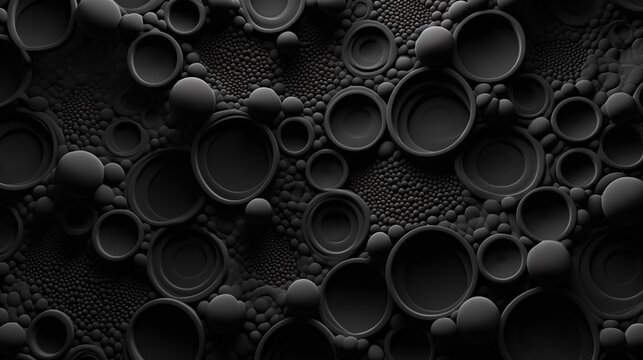 Abstract dark background of small rings in shades of black and gray colors.