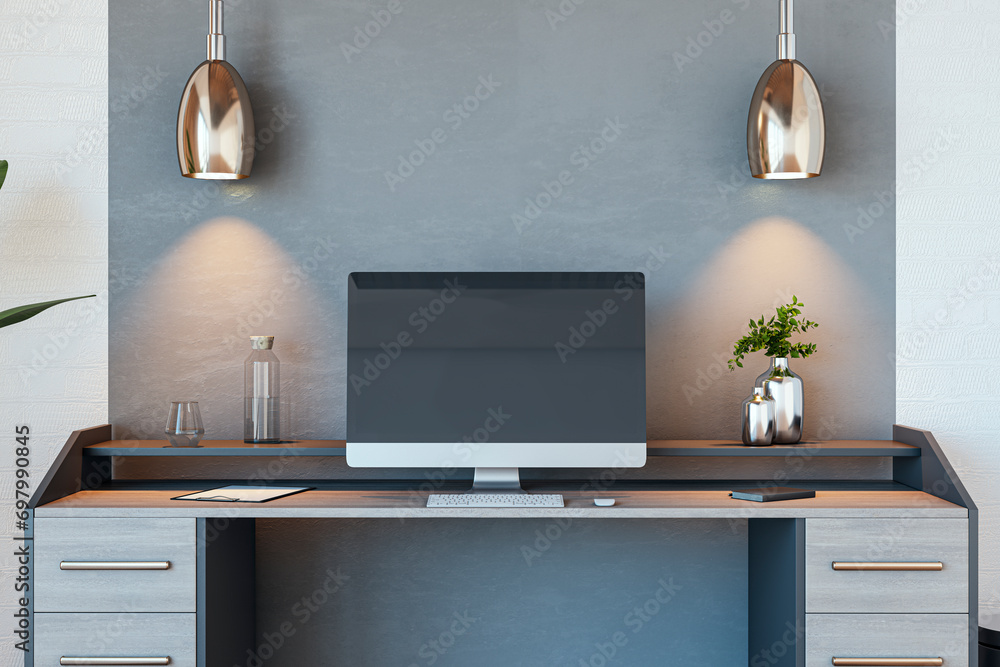 Poster close up of home office workplace with computer monitor and reflections. 3d rendering.