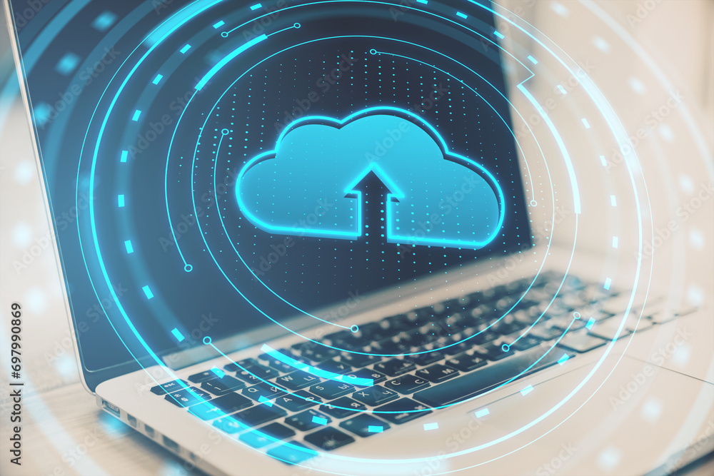 Poster Close up of laptop with digital round cloud computing interface. Online storage and server concept. Double exposure. Double exposure.