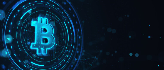 Glowing blue bitcoin on wide dark background. Cryptocurrency and finance concept. 3D Rendering.
