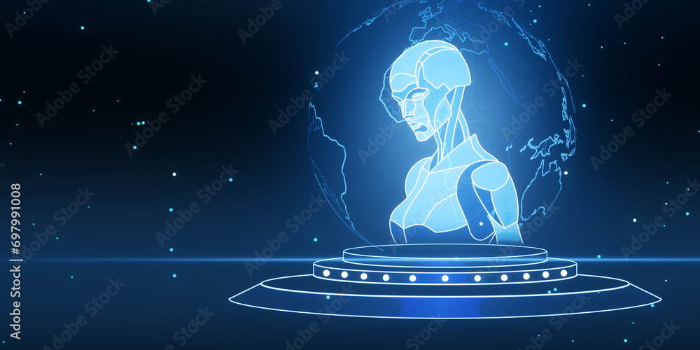 Poster Creative glowing robot hologram with globe. Artificial intelligence, machine learning and chat gpt concept. 3D Rendering.