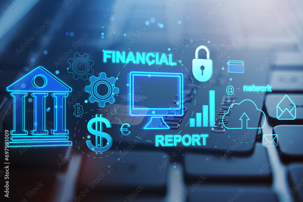 Poster close up of laptop computer keyboard and plastic card on desk with creative financial banking interf