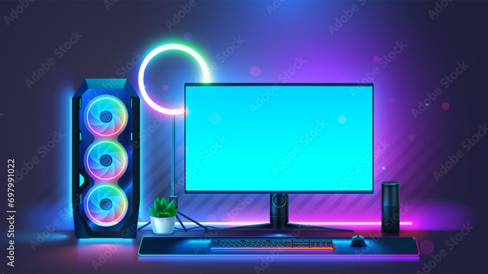 Aufkleber Powerful PC or gaming desktop computer. Gaming computer on table front view. Gaming desktop computer with neon led light of PC. Mock up of empty screen of gaming computer for video games. Workplace.