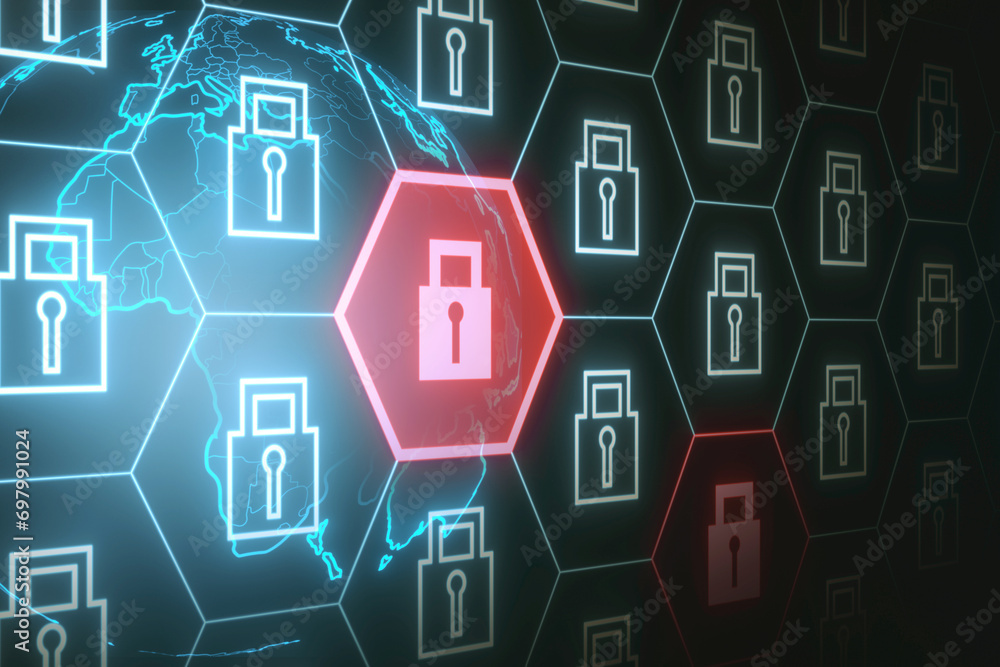Poster Creative padlock pattern. Global data safety and protection concept. 3D Rendering.