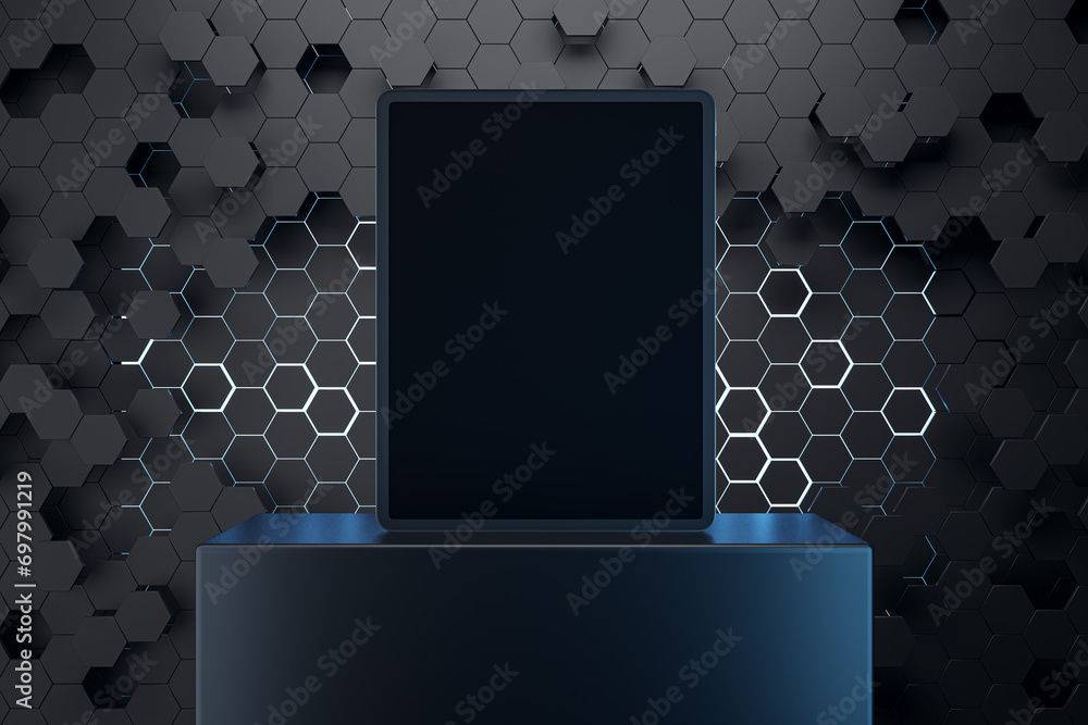 Aufkleber Close up of empty mock up tablet with creative black hexagonal background. Landing page concept. 3D Rendering.