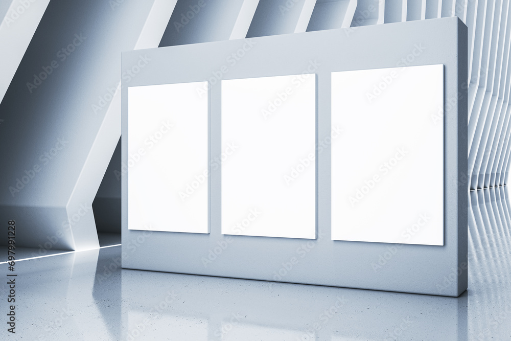 Poster modern futuristic white hallway interior with reflections with blank mock up posters. spaceship conc