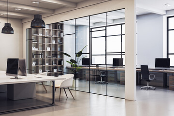 Contemporary wooden and glass office library interior with furniture and equipment. 3D Rendering.