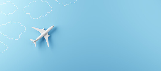 Creative white airplane and drawn clouds on wide blue background with mock up place. 3D Rendering.