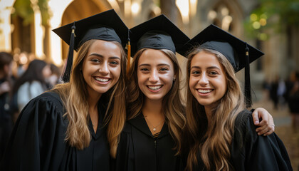 University graduation celebration. Group photo of happy joyful diverse multiracial college or university graduate students friends wearing black graduation hats and dresses,