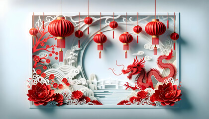 Papercut illustration of a chinese new year celebration, year of the dragon.