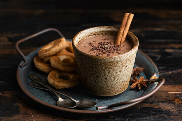 Champurrado, traditional mexican corn drink with chocolate, selective focus - obrazy, fototapety, plakaty