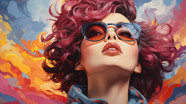 A vibrant red-headed woman with cool sunglasses brings a playful touch to this cartoon-style painting of a human face