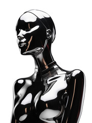 Futuristic chrome woman mannequin isolated. Shiny gloss metal human sculpture. Y2K liquid metal music poster