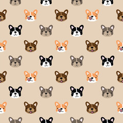 Seamless Pattern of Cartoon French Bulldog Face Design on Light Brown Background