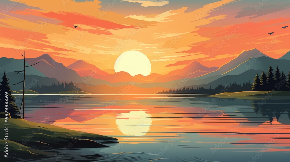 Poster a breathtaking sunset over a calm lake with mountains in the background. vector cartoon graphic. gen