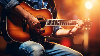 Obraz na płótnie Canvas Close-up of hand playing acoustic guitar.