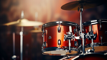 Close-up of drum set illuminated by stage lights.